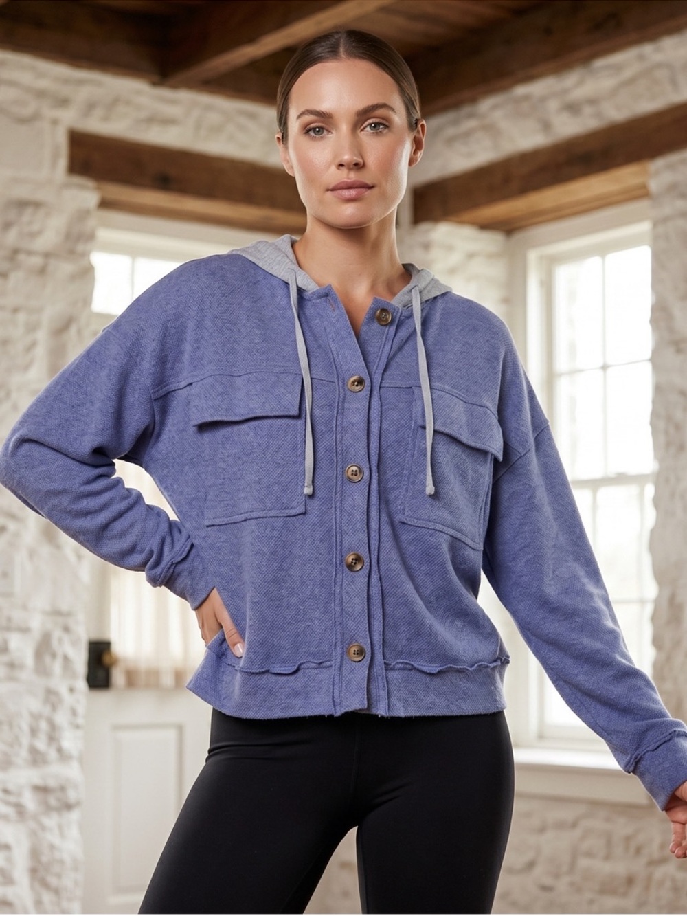 Zenana Outfitters Periwinkle Button-Front Hooded Utility Jacket
